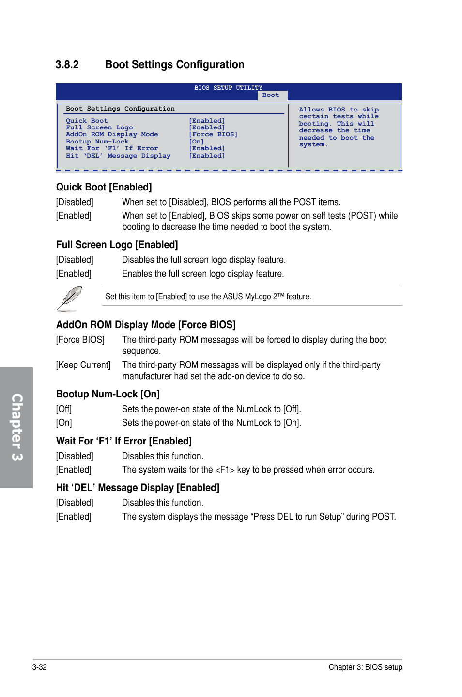 Chapter 3, 2 boot settings configuration, Quick boot [enabled | Full screen logo [enabled, Addon rom display mode [force bios, Bootup num-lock [on, Wait for ‘f1’ if error [enabled, Hit ‘del’ message display [enabled | Asus P7H55-M PRO User Manual | Page 86 / 104