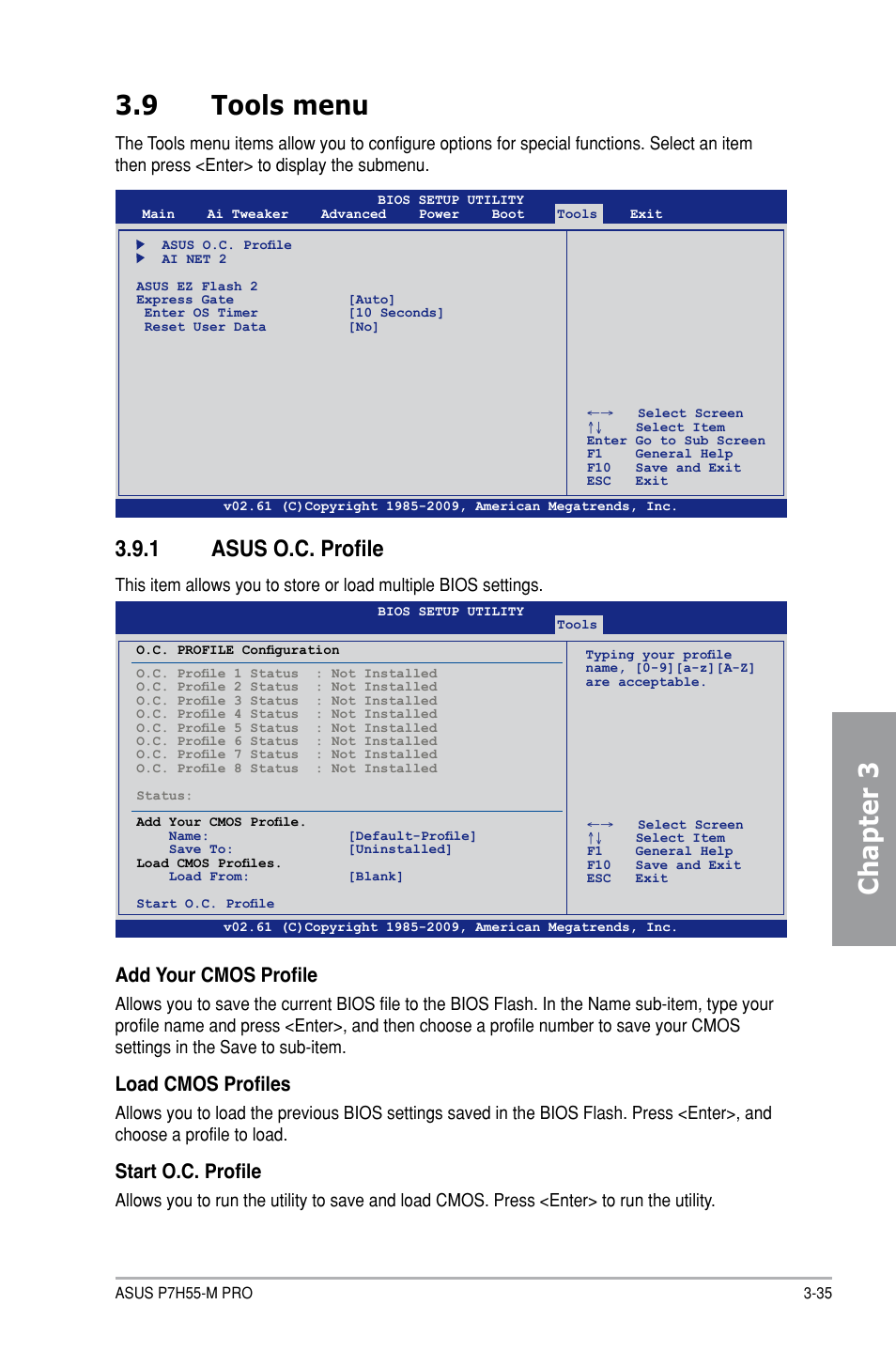 Chapter 3 3.9 tools menu, 1 asus o.c. profile, Add your cmos profile | Load cmos profiles, Start o.c. profile | Asus P7H55-M PRO User Manual | Page 89 / 104