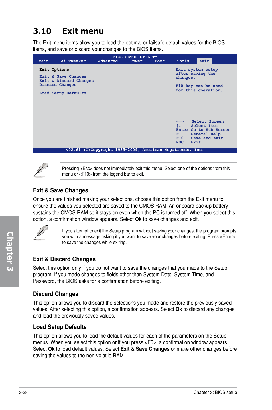 Chapter 3 3.10 exit menu, Exit & save changes, Exit & discard changes | Discard changes, Load setup defaults | Asus P7H55-M PRO User Manual | Page 92 / 104