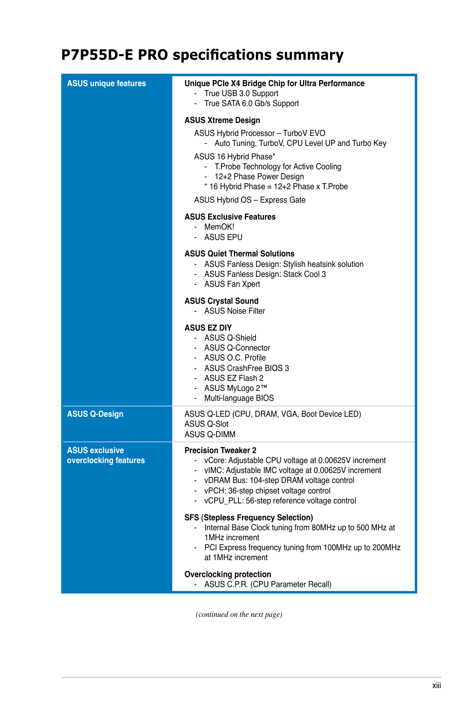 P7p55d-e pro specifications summary | Asus P7P55D-E PRO User Manual | Page 13 / 124