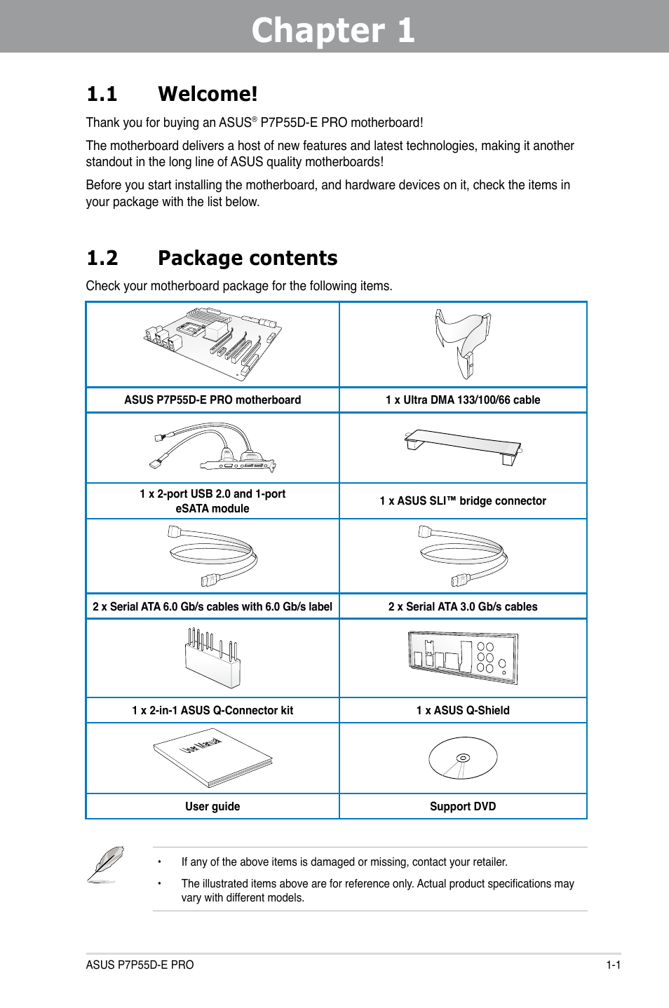 Chapter 1: product introduction, 1 welcome, 2 package contents | Chapter 1, Product introduction, Welcome! -1, Package contents -1, Chapter 1 1.1 welcome | Asus P7P55D-E PRO User Manual | Page 15 / 124