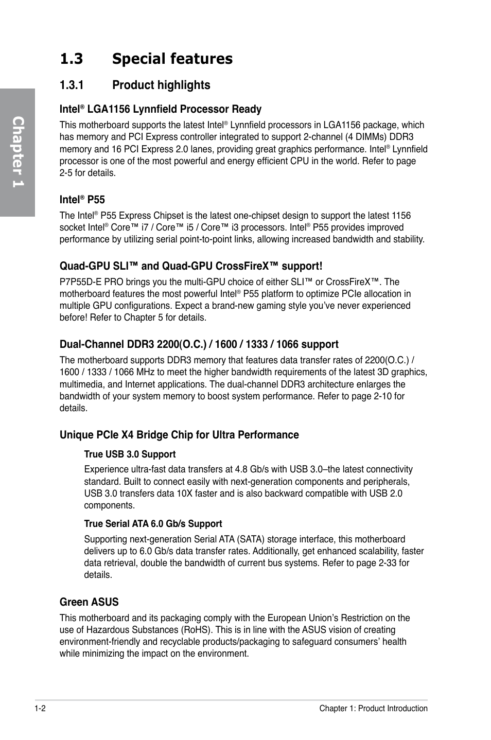 3 special features, 1 product highlights, Special features -2 1.3.1 | Product highlights -2, Chapter 1 1.3 special features | Asus P7P55D-E PRO User Manual | Page 16 / 124