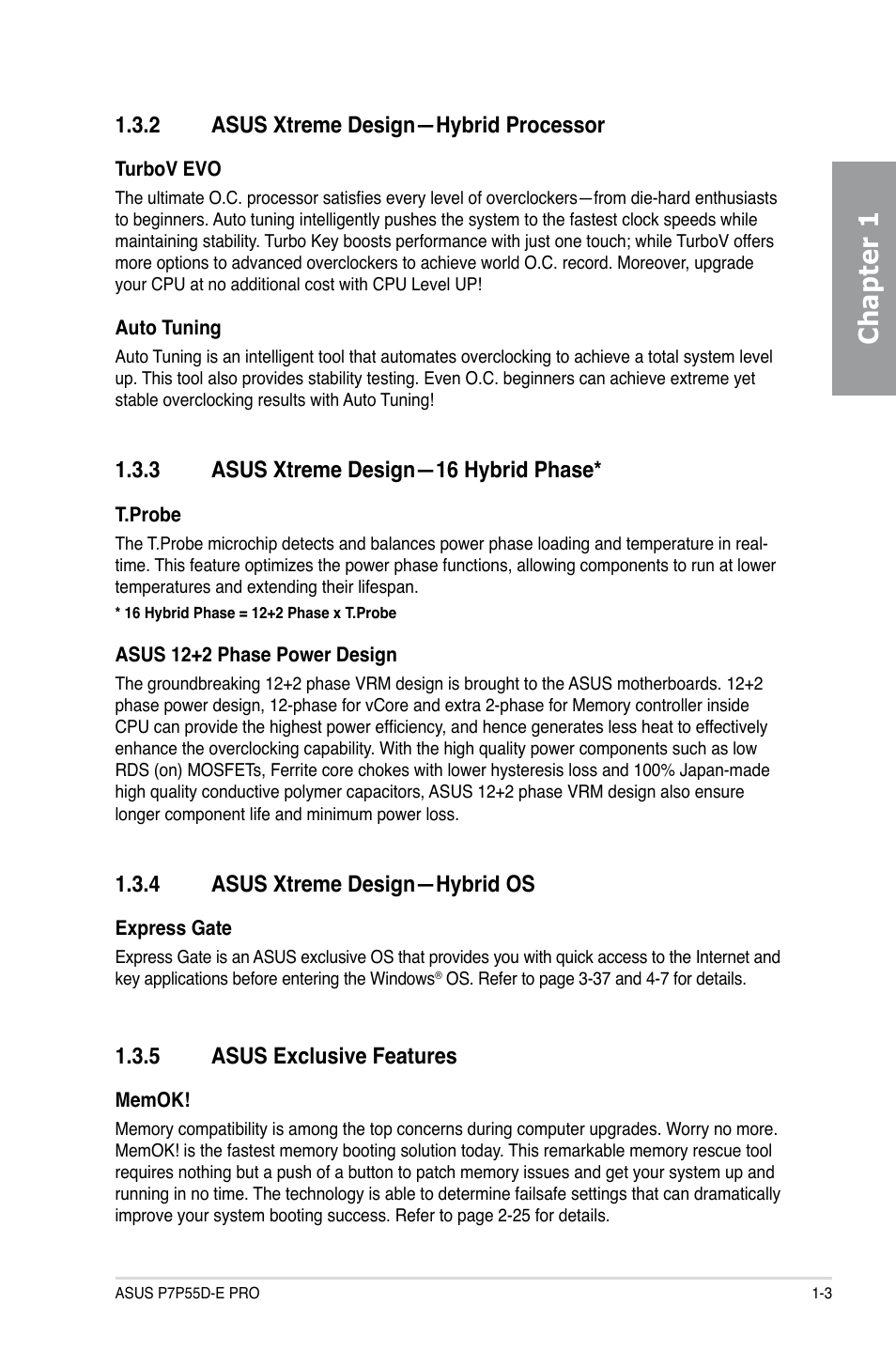 2 asus xtreme design—hybrid processor, 3 asus xtreme design—16 hybrid phase, 4 asus xtreme design—hybrid os | 5 asus exclusive features, Asus xtreme design—hybrid processor -3, Asus xtreme design—16 hybrid phase -3, Asus xtreme design—hybrid os -3, Asus exclusive features -3, Chapter 1 | Asus P7P55D-E PRO User Manual | Page 17 / 124