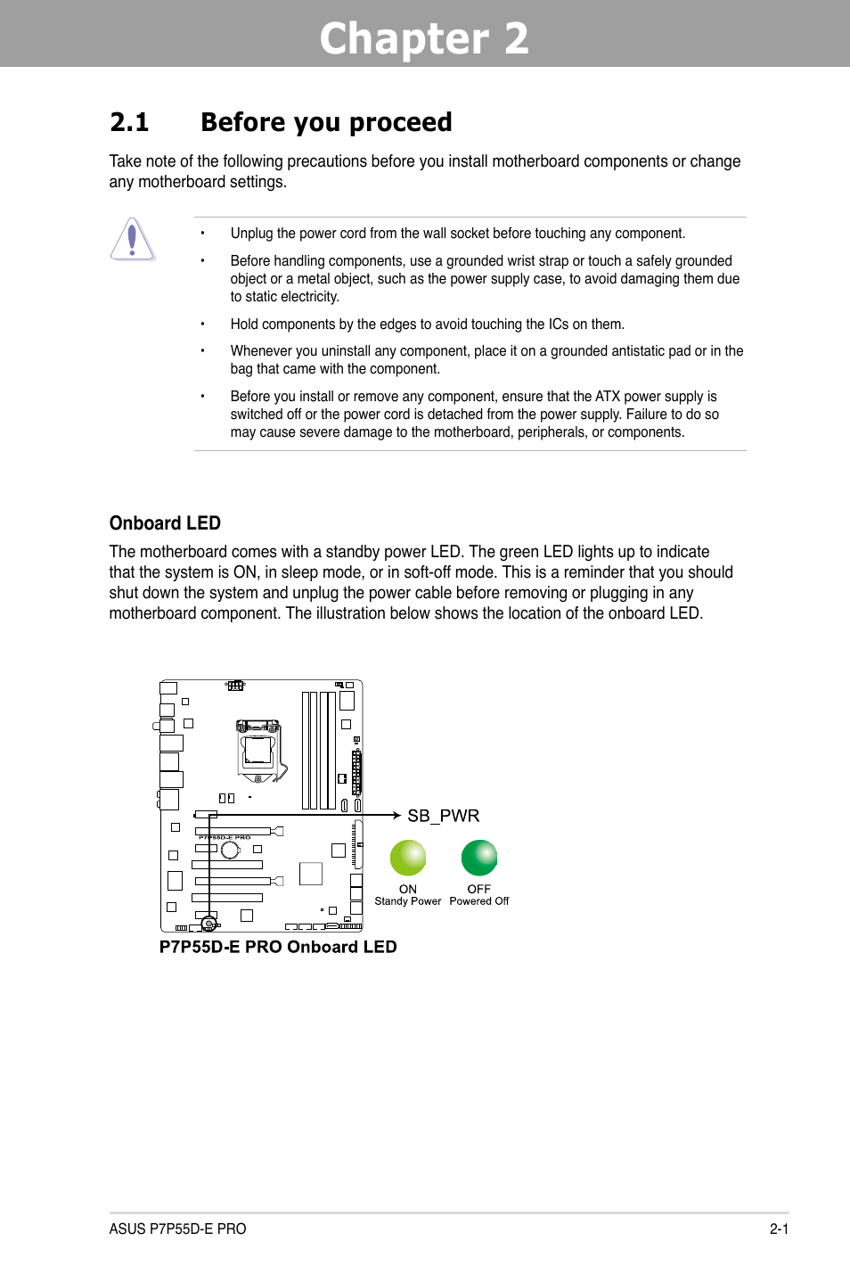 Chapter 2: hardware information, 1 before you proceed, Chapter 2 | Hardware information, Before you proceed -1, Chapter 2 2.1 before you proceed | Asus P7P55D-E PRO User Manual | Page 19 / 124