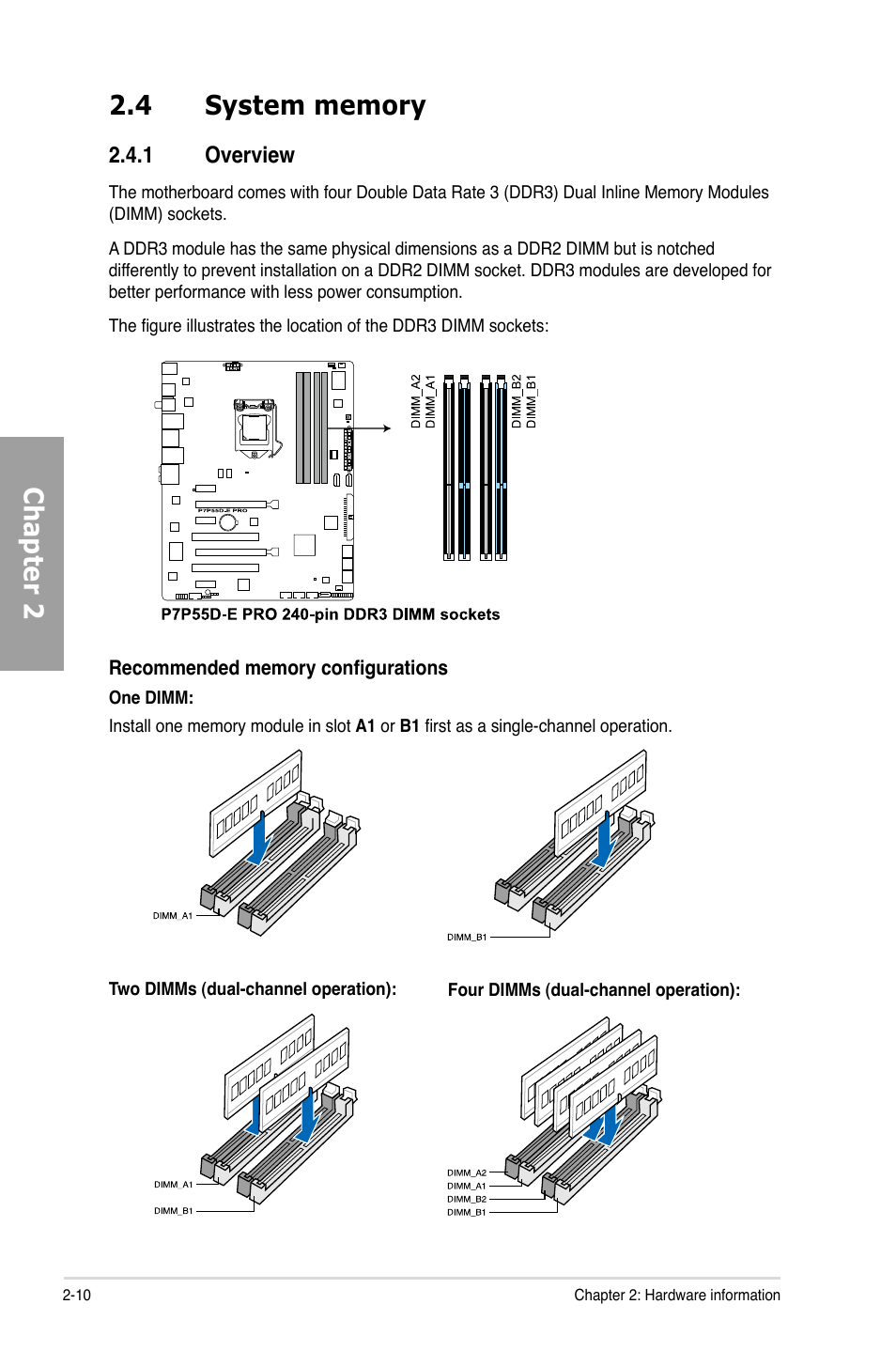 4 system memory, 1 overview, System memory -10 2.4.1 | Overview -10 | Asus P7P55D-E PRO User Manual | Page 28 / 124