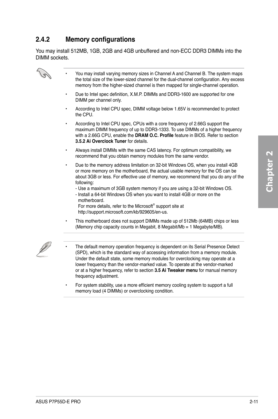 2 memory configurations, Memory configurations -11, Chapter 2 | Asus P7P55D-E PRO User Manual | Page 29 / 124