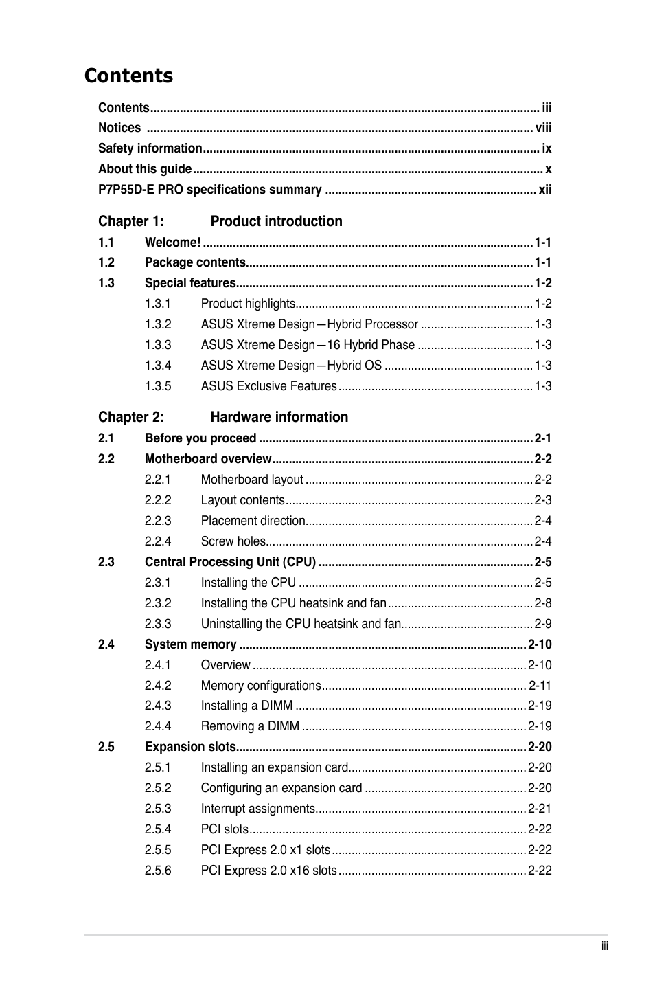 Asus P7P55D-E PRO User Manual | Page 3 / 124