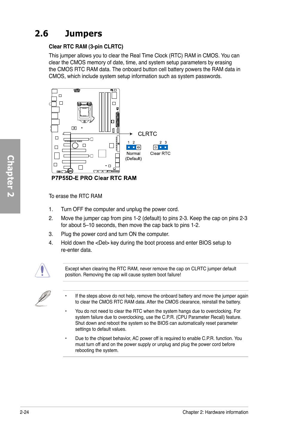 6 jumpers, Jumpers -24, Chapter 2 2.6 jumpers | Asus P7P55D-E PRO User Manual | Page 42 / 124