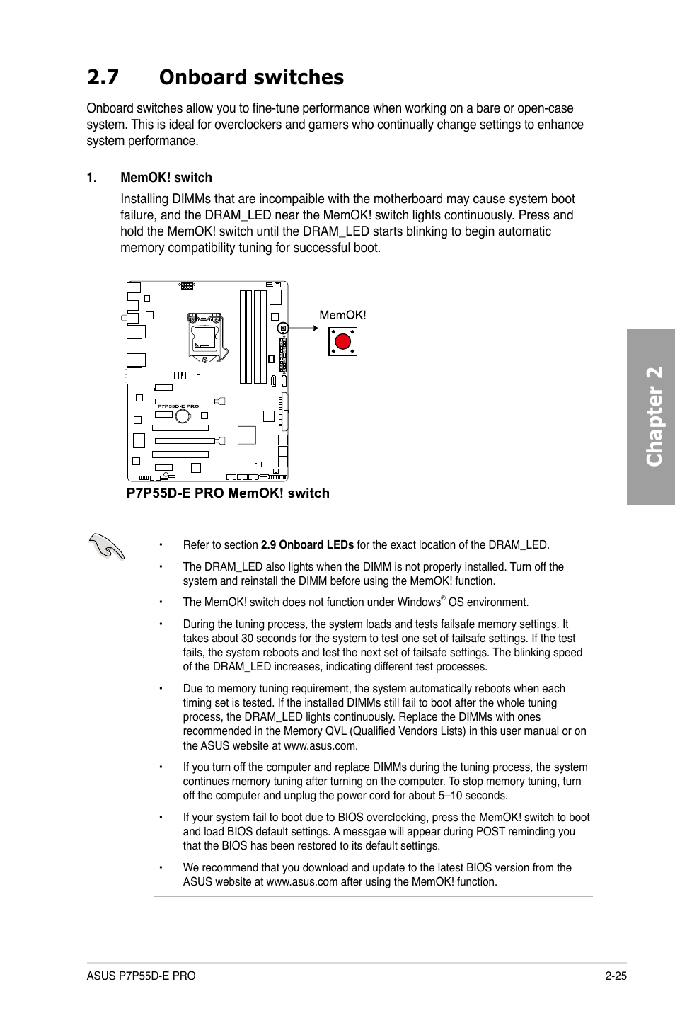 7 onboard switches, Onboard switches -25, Chapter 2 2.7 onboard switches | Asus P7P55D-E PRO User Manual | Page 43 / 124