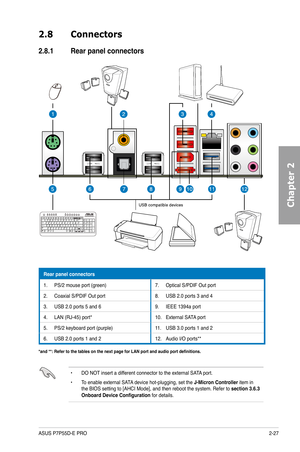 8 connectors, 1 rear panel connectors, Connectors -27 2.8.1 | Rear panel connectors -27, Chapter 2 2.8 connectors | Asus P7P55D-E PRO User Manual | Page 45 / 124