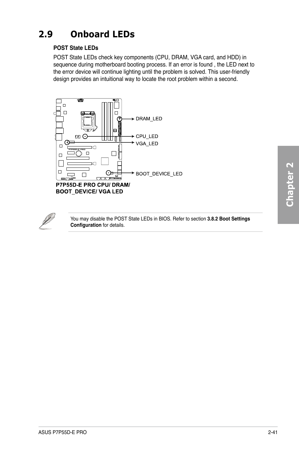 9 onboard leds, Onboard leds -41, Chapter 2 2.9 onboard leds | Asus P7P55D-E PRO User Manual | Page 59 / 124