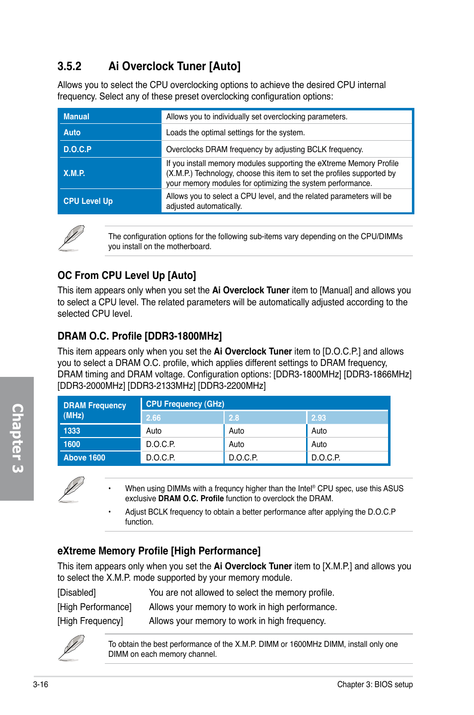 2 ai overclock tuner [auto, Ai overclock tuner -16, Chapter 3 | Oc from cpu level up [auto | Asus P7P55D-E PRO User Manual | Page 76 / 124