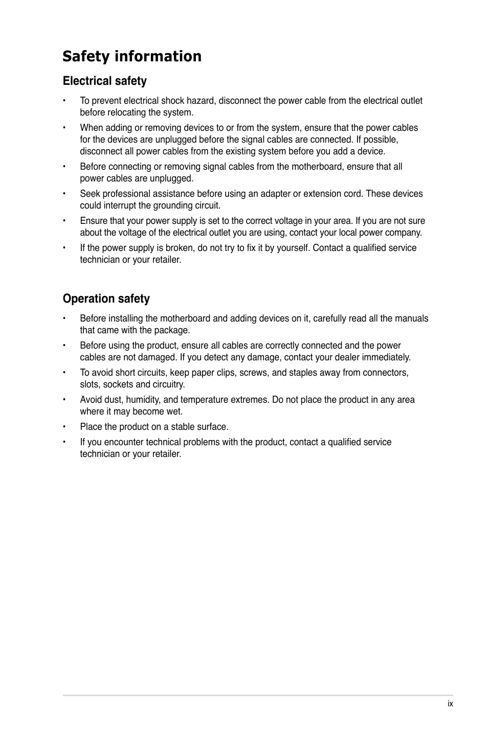 Safety information, Electrical safety, Operation safety | Asus P7P55D-E PRO User Manual | Page 9 / 124