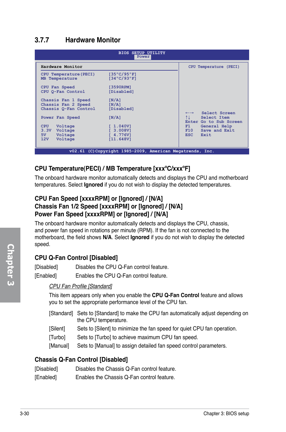 7 hardware monitor, Hardware monitor -30, Chapter 3 | Cpu q-fan control [disabled, Chassis q-fan control [disabled | Asus P7P55D-E PRO User Manual | Page 90 / 124