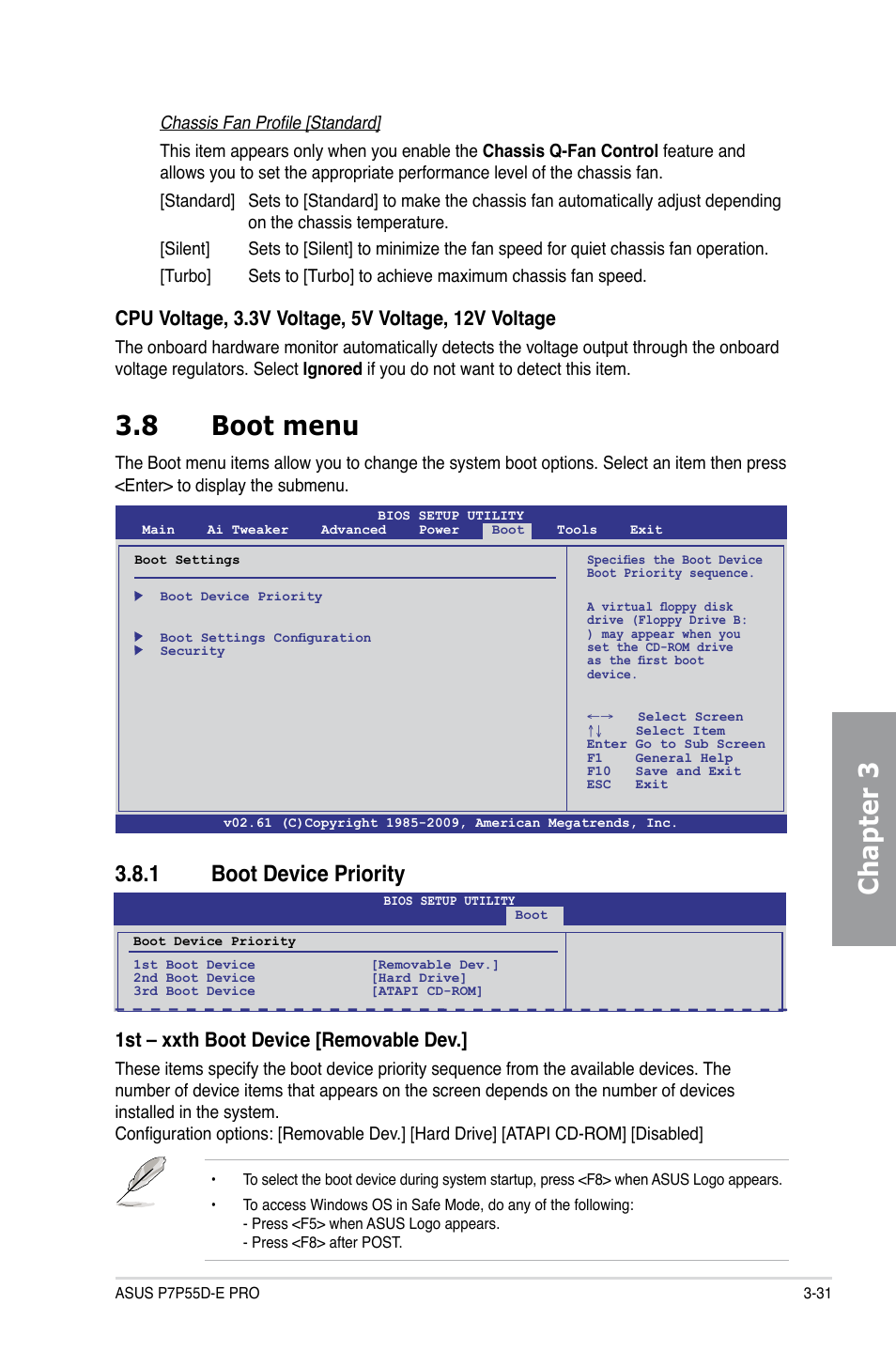 8 boot menu, 1 boot device priority, Boot menu -31 3.8.1 | Boot device priority -31, Chapter 3 3.8 boot menu, 1st – xxth boot device [removable dev | Asus P7P55D-E PRO User Manual | Page 91 / 124