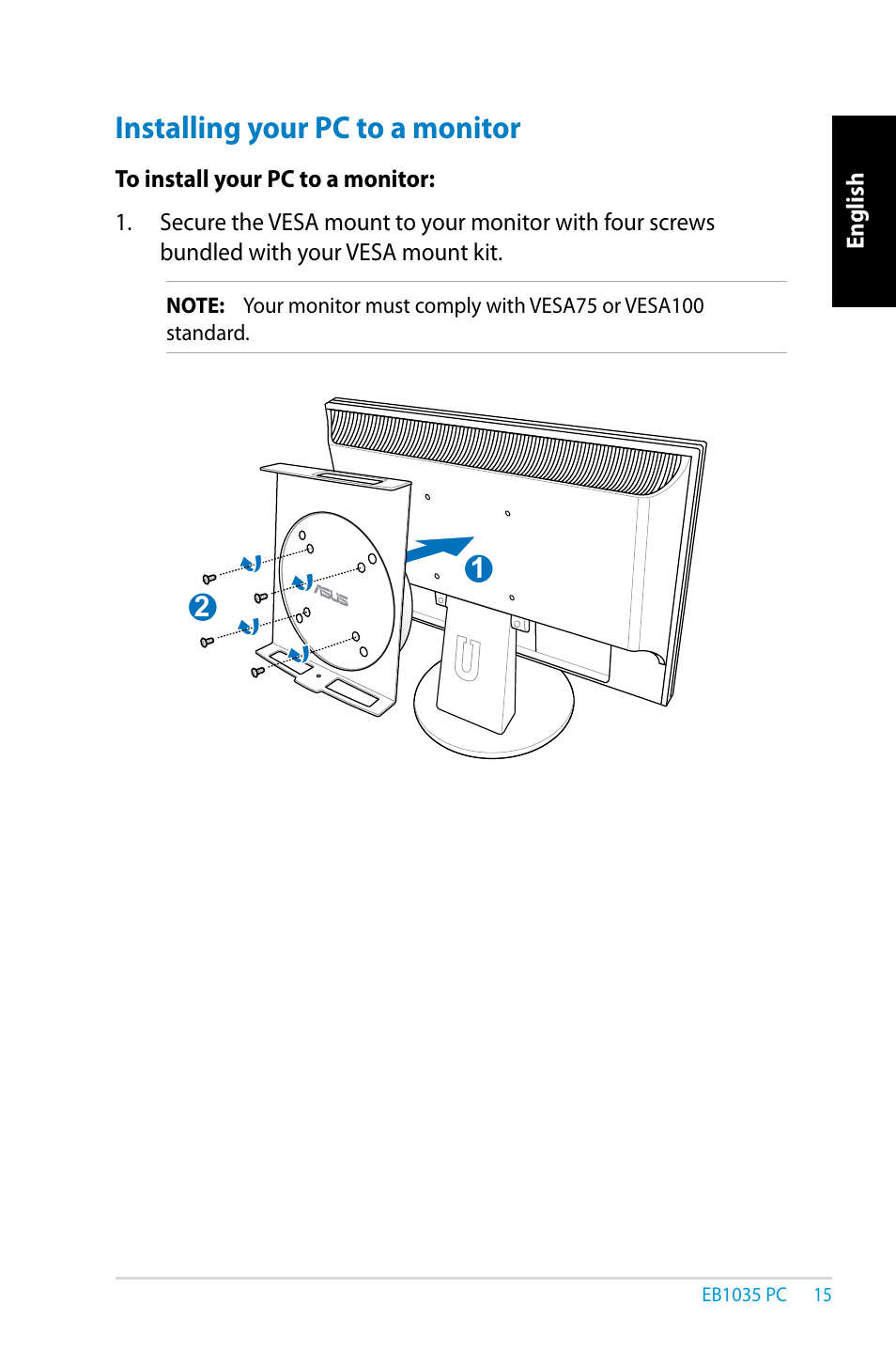 Installing your pc to a monitor | Asus EB1035 User Manual | Page 15 / 61