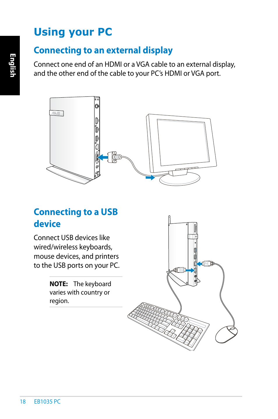 Using your pc, Connecting to an external display, Connecting to a usb device | Asus EB1035 User Manual | Page 18 / 61