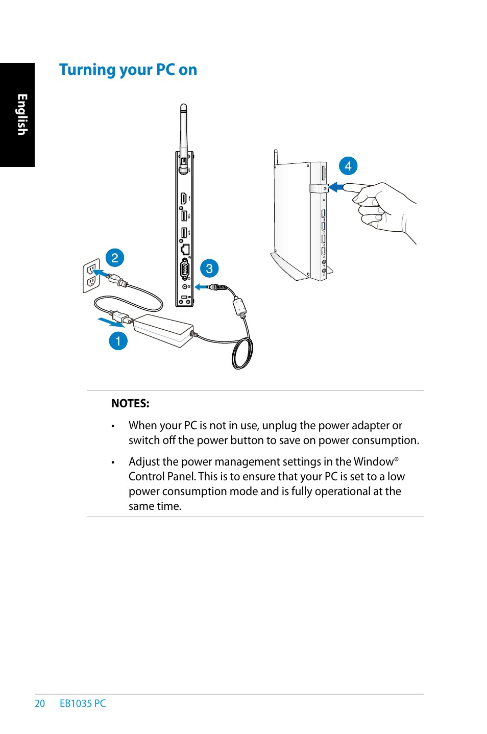 Turning your pc on | Asus EB1035 User Manual | Page 20 / 61