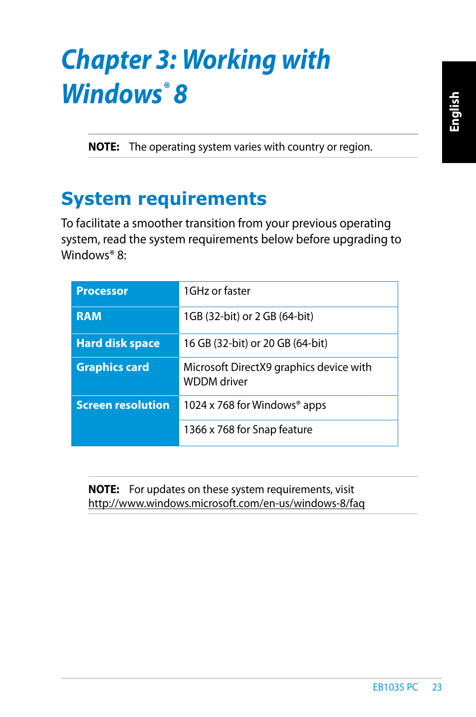 Chapter 3: working with windows® 8, System requirements, Chapter 3 | Working with windows, Chapter 3: working with windows | Asus EB1035 User Manual | Page 23 / 61