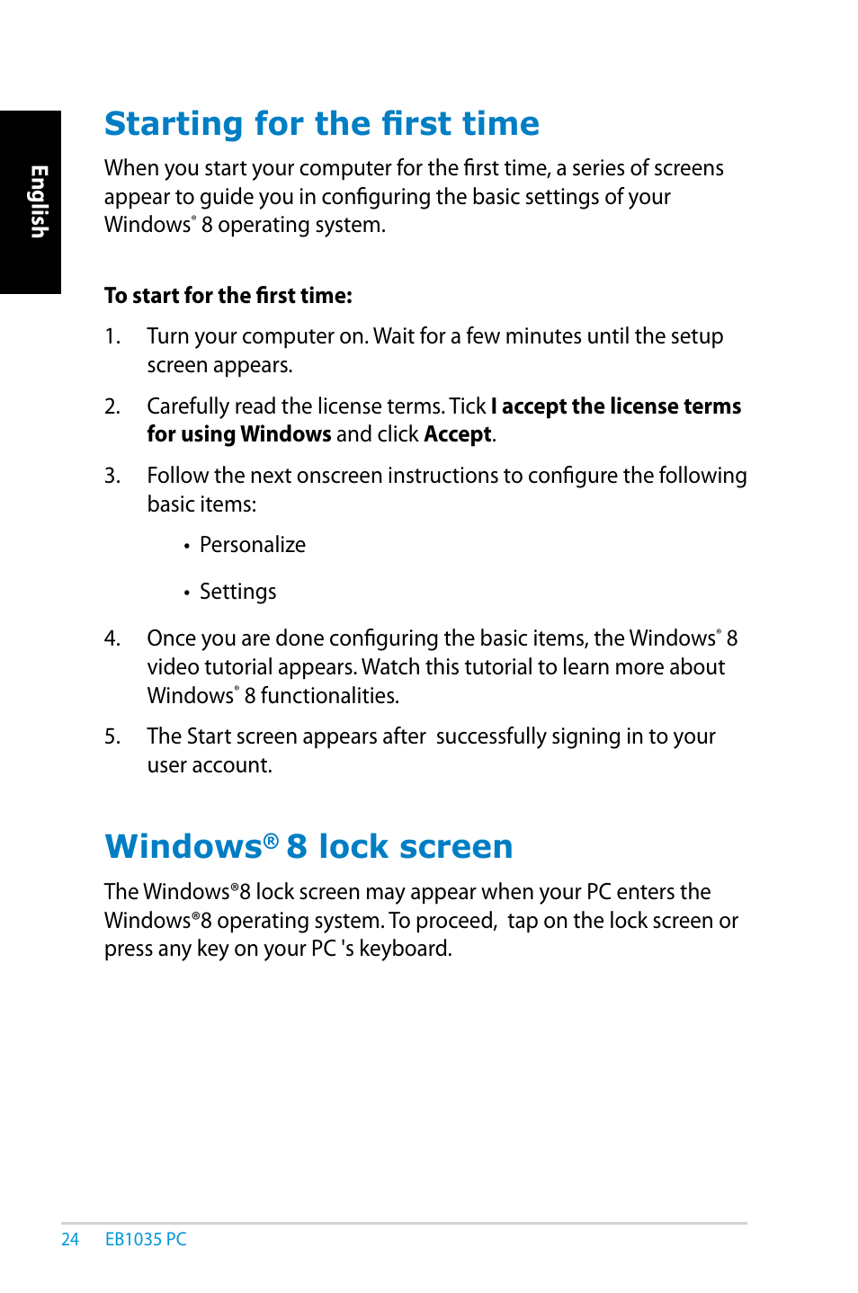 Starting for the first time, Windows® 8 lock screen, Starting for the first time windows | 8 lock screen, Windows | Asus EB1035 User Manual | Page 24 / 61