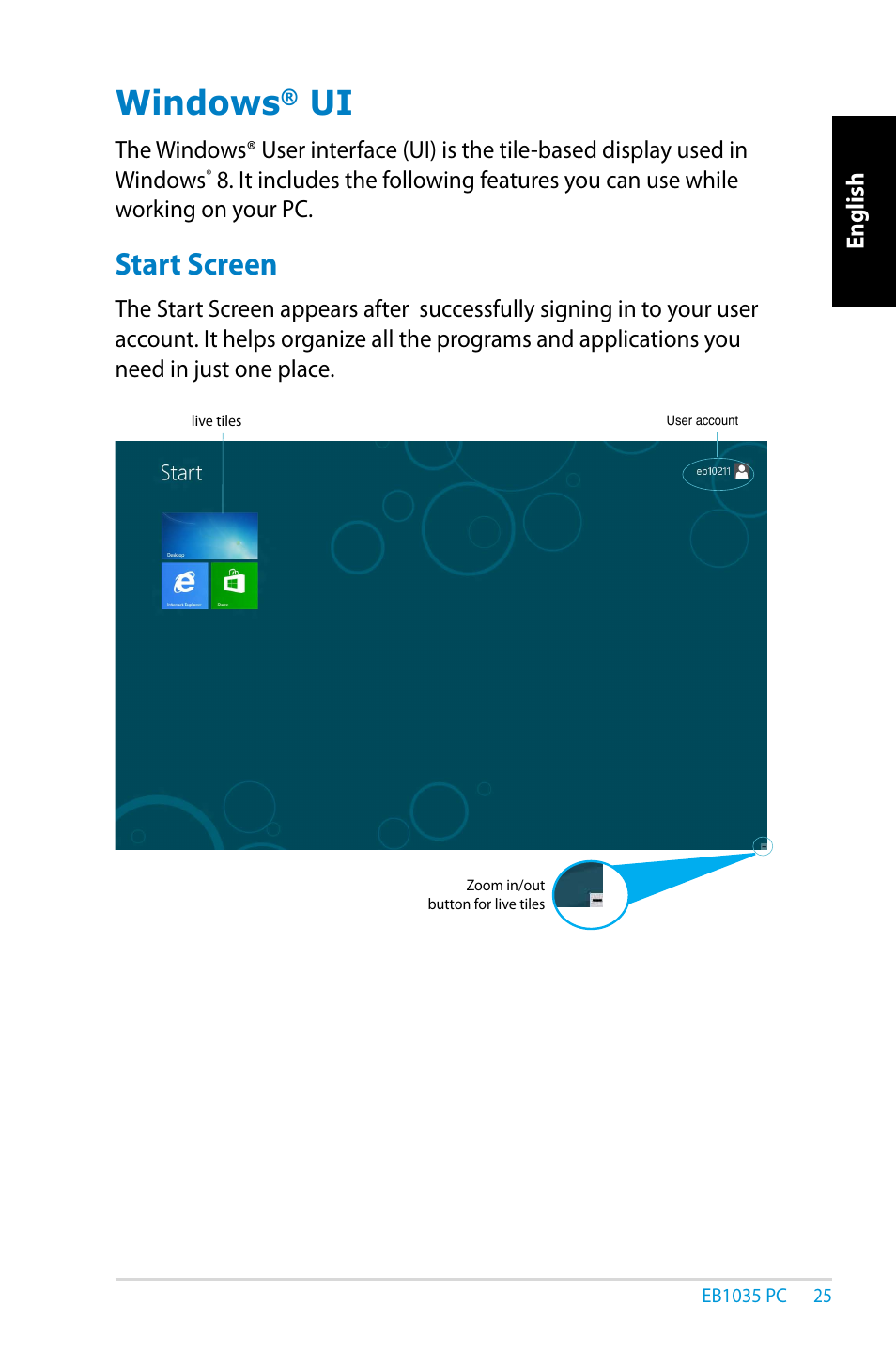 Windows® ui, Start screen, Windows | Asus EB1035 User Manual | Page 25 / 61