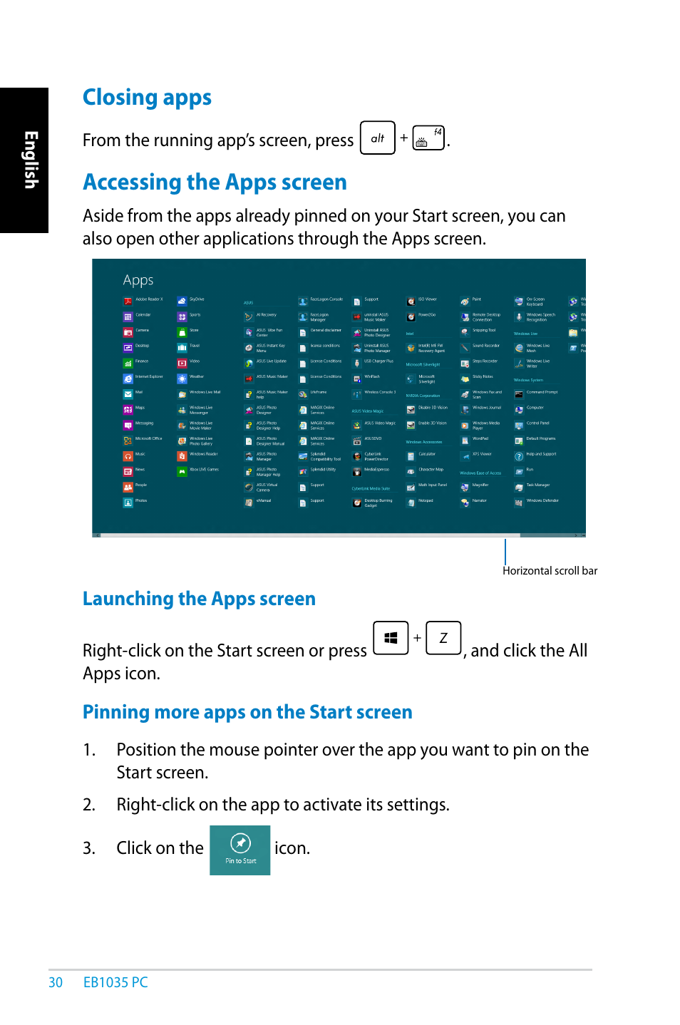 Closing apps, Accessing the apps screen | Asus EB1035 User Manual | Page 30 / 61
