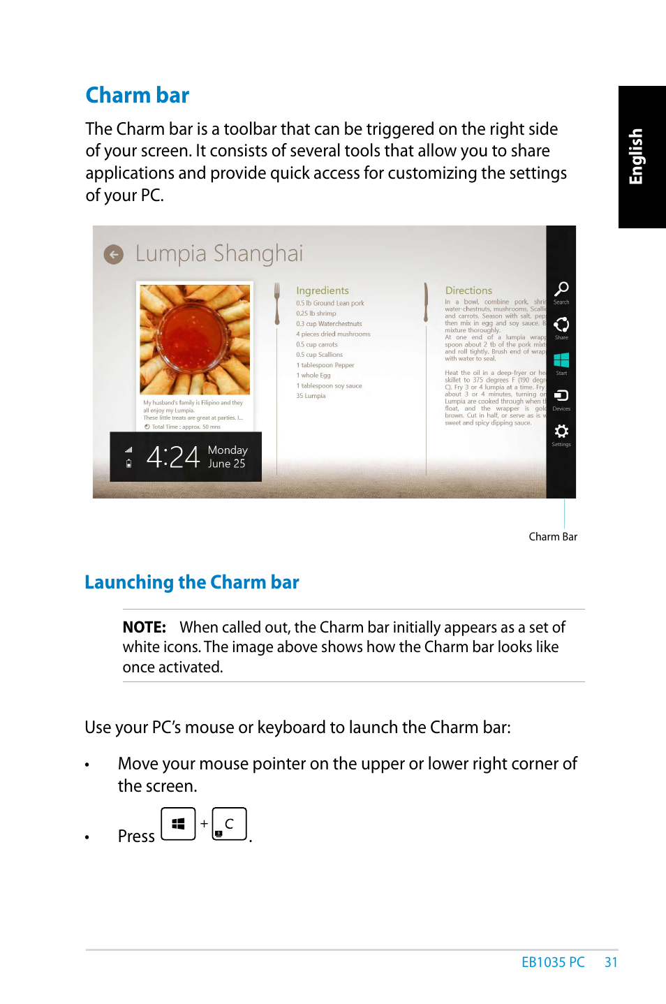 Charm bar | Asus EB1035 User Manual | Page 31 / 61