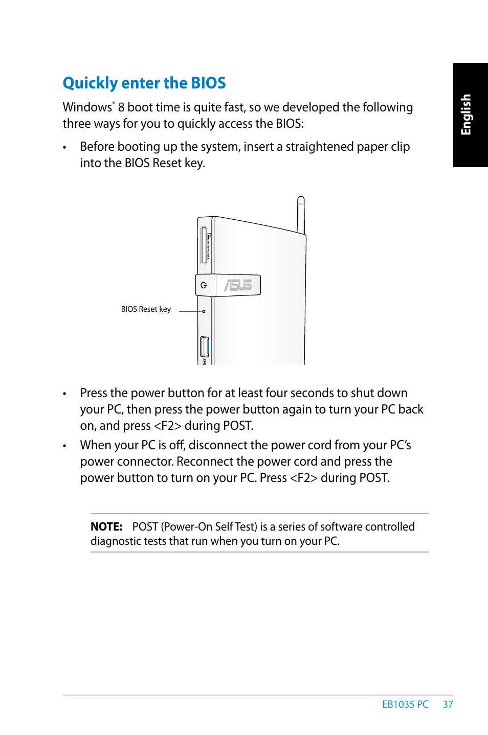 Quickly enter the bios | Asus EB1035 User Manual | Page 37 / 61