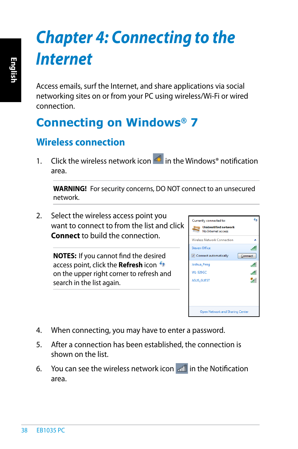 Chapter 4: connecting to the internet, Connecting on windows® 7, Wireless connection | Chapter 4, Connecting to the internet, Connecting on windows | Asus EB1035 User Manual | Page 38 / 61