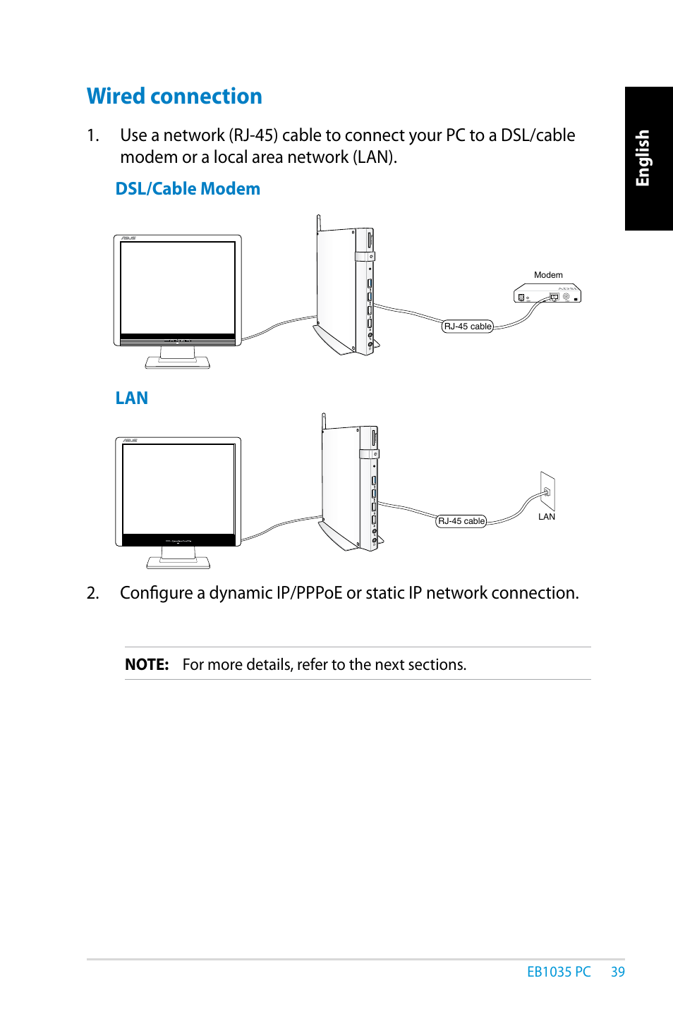 Wired connection, Dsl/cable modem | Asus EB1035 User Manual | Page 39 / 61