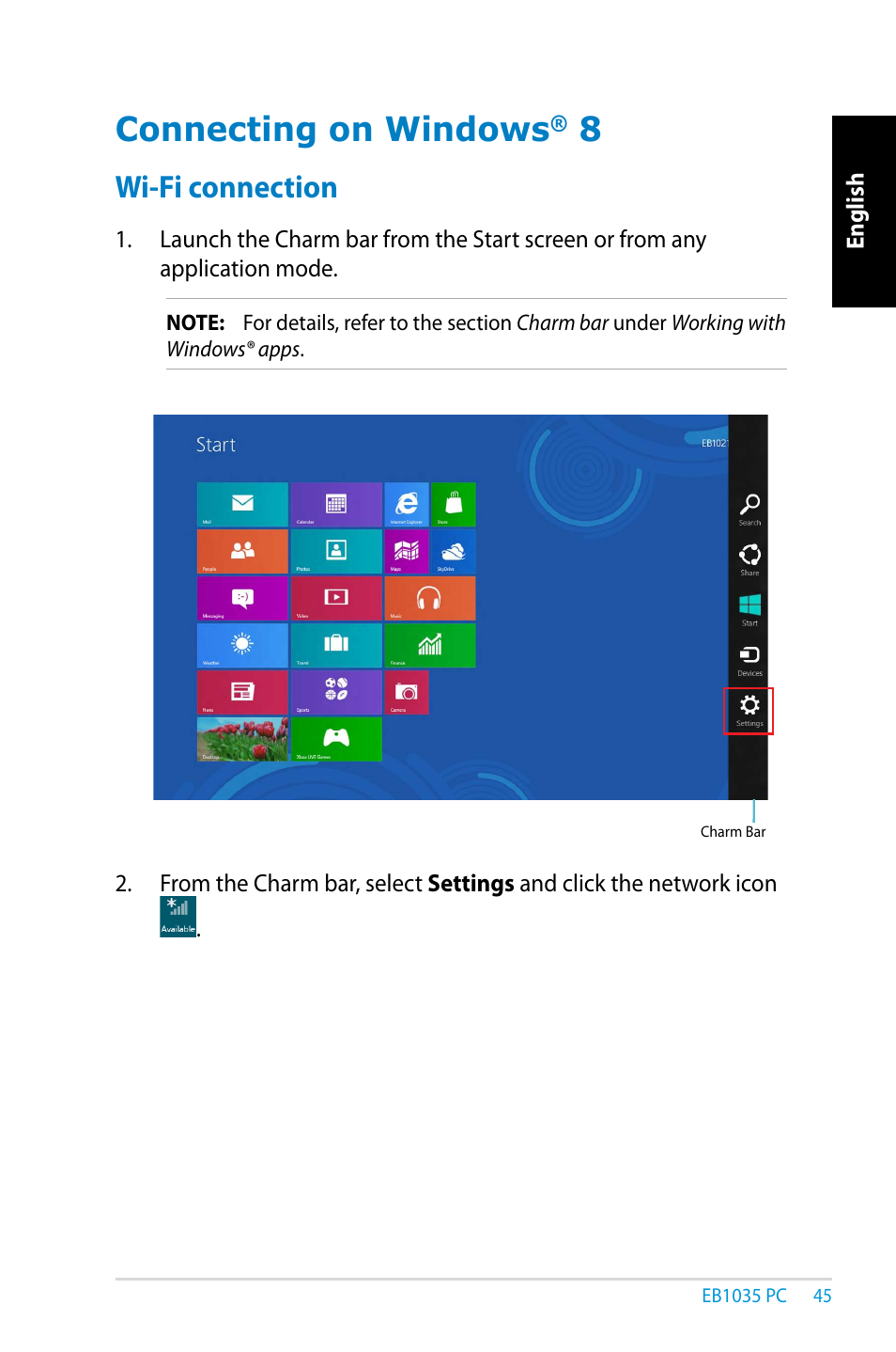 Connecting on windows® 8, Wi-fi connection, Connecting on windows | Asus EB1035 User Manual | Page 45 / 61