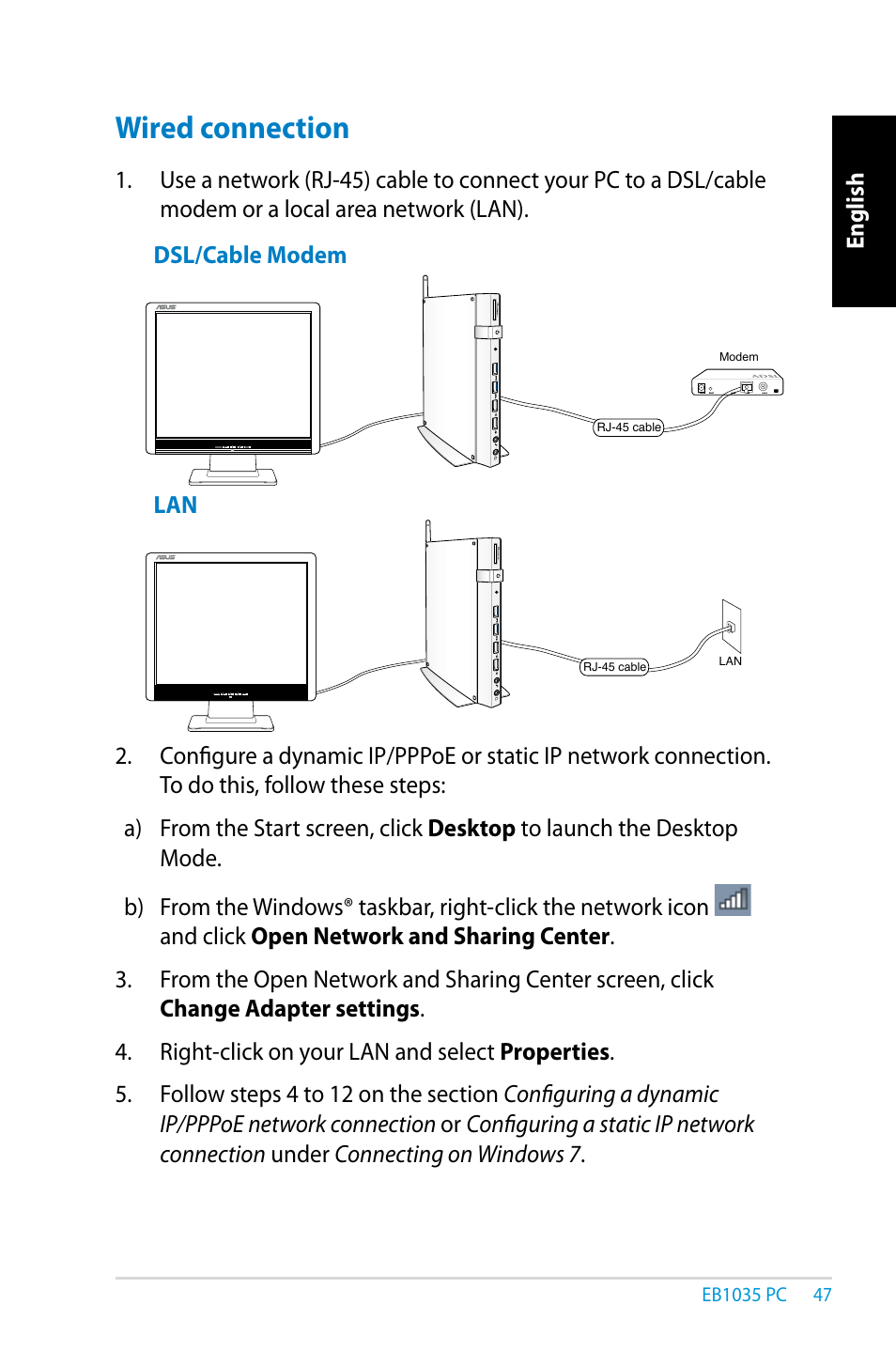 Wired connection | Asus EB1035 User Manual | Page 47 / 61