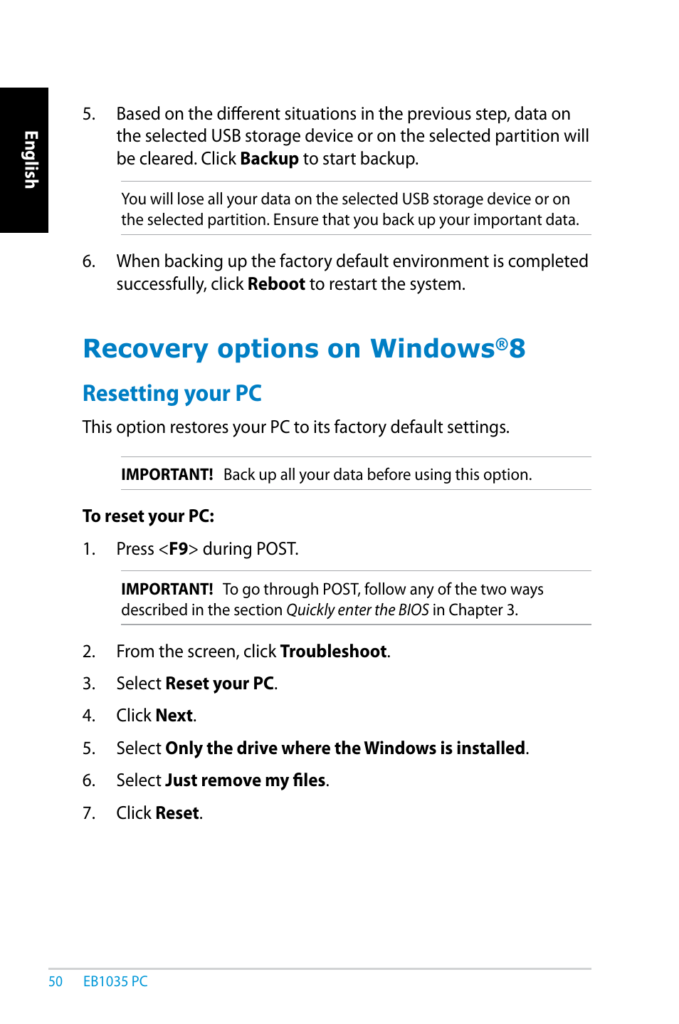 Recovery options on windows®8, Resetting your pc, Recovery options on windows | Asus EB1035 User Manual | Page 50 / 61