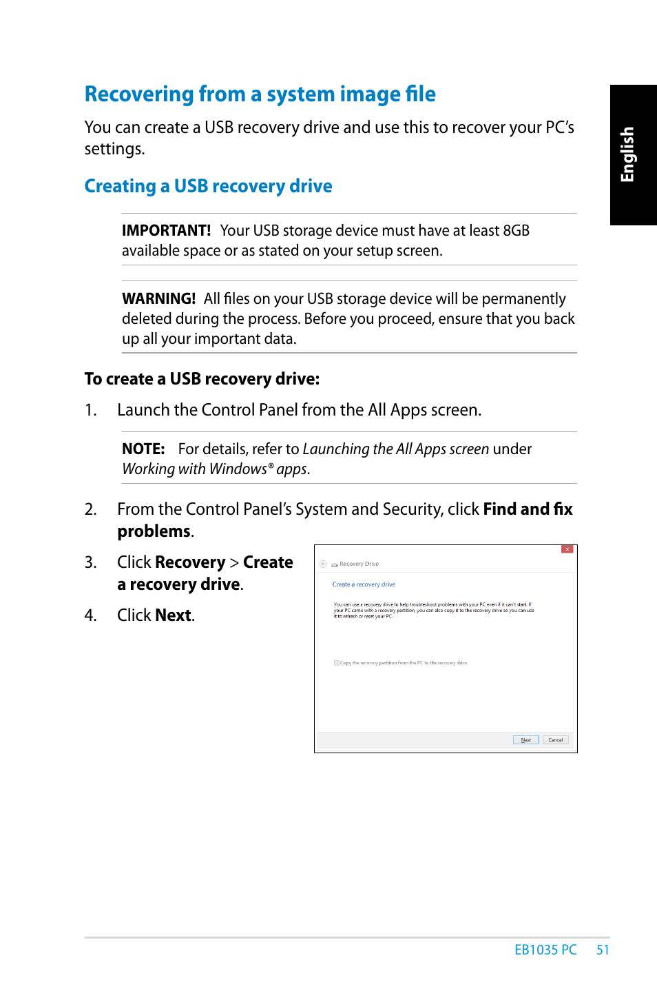 Recovering from a system image file | Asus EB1035 User Manual | Page 51 / 61