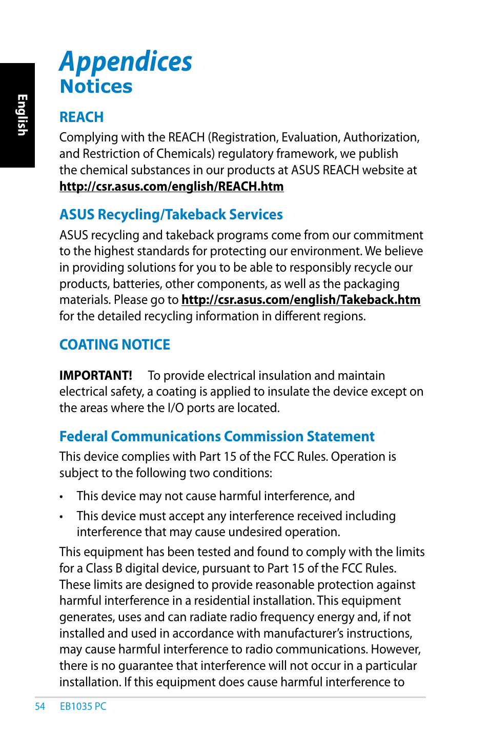 Appendices, Notices, A ppendices | Asus EB1035 User Manual | Page 54 / 61