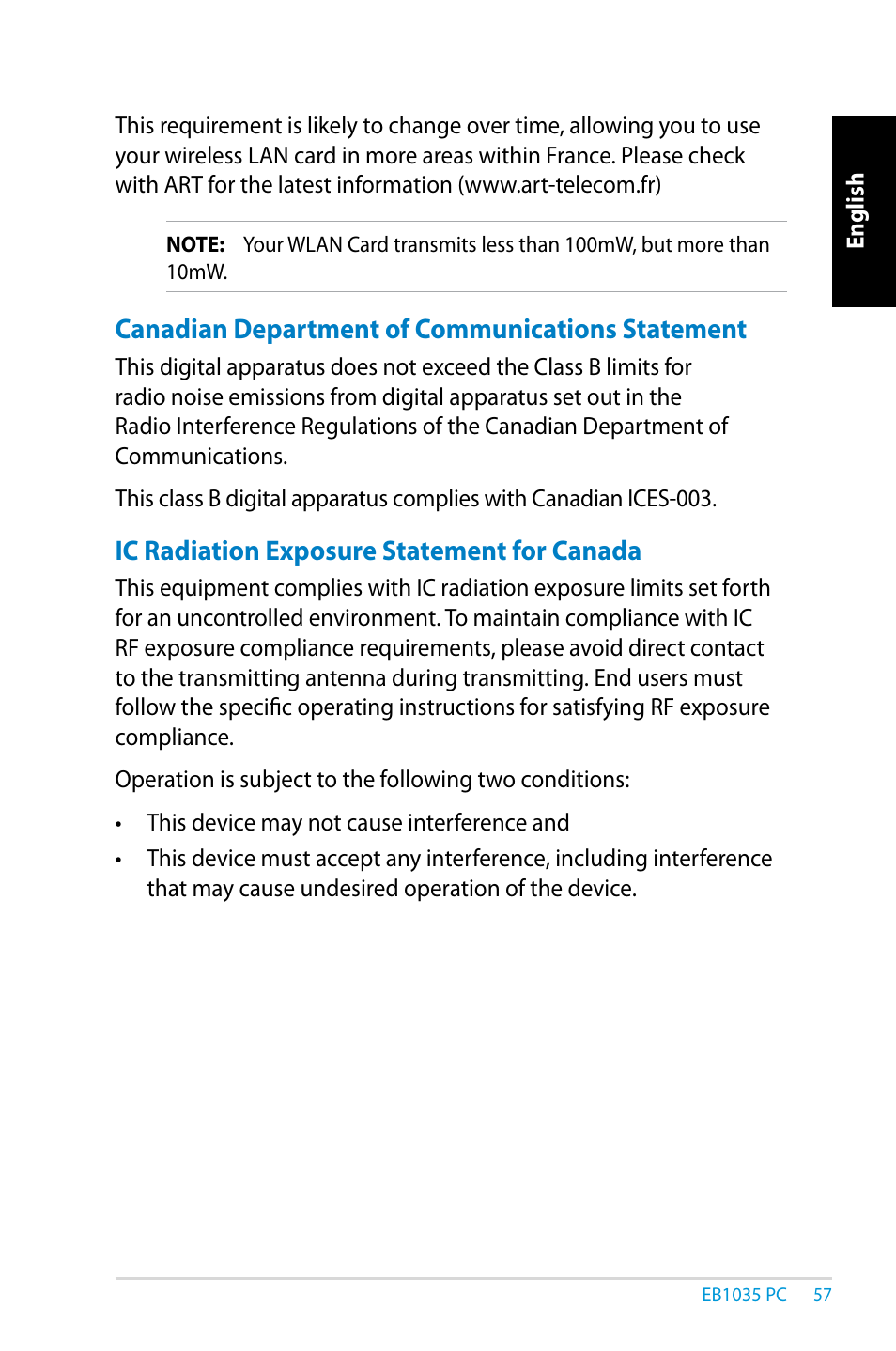 Canadian department of communications statement, Ic radiation exposure statement for canada | Asus EB1035 User Manual | Page 57 / 61