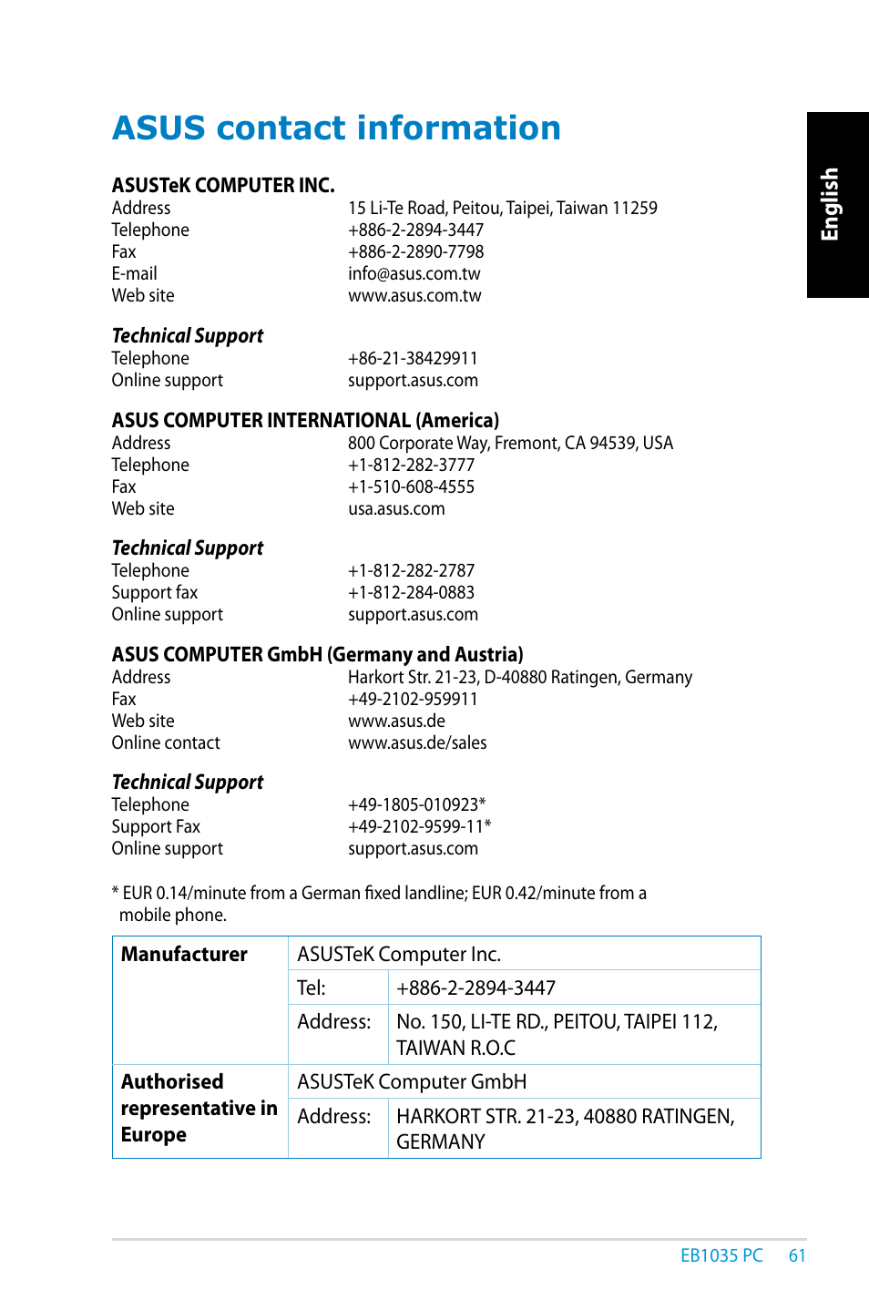 Asus contact information, English | Asus EB1035 User Manual | Page 61 / 61