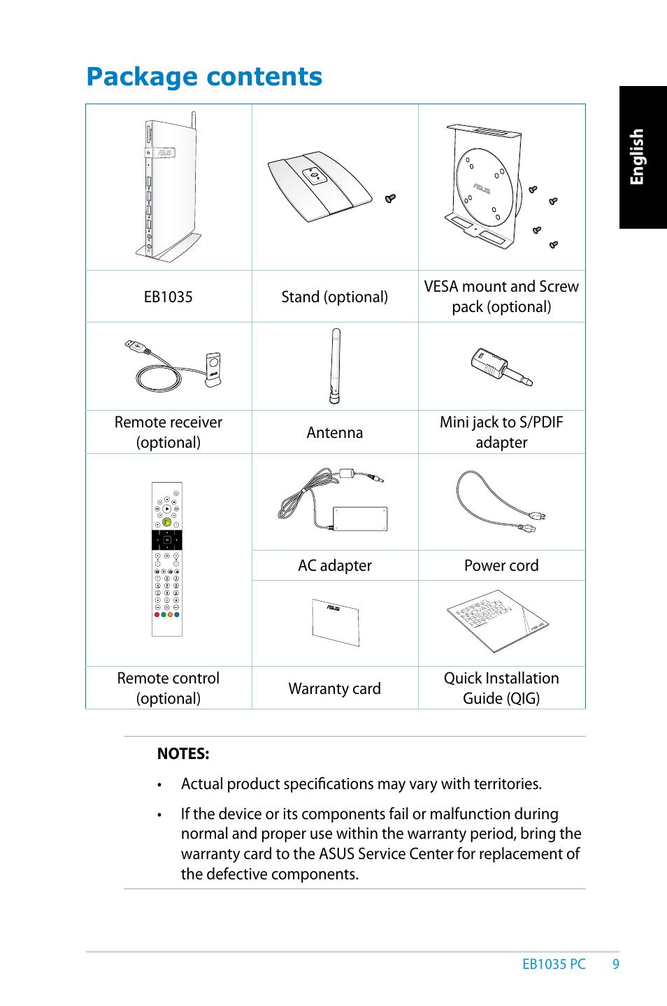 Package contents | Asus EB1035 User Manual | Page 9 / 61