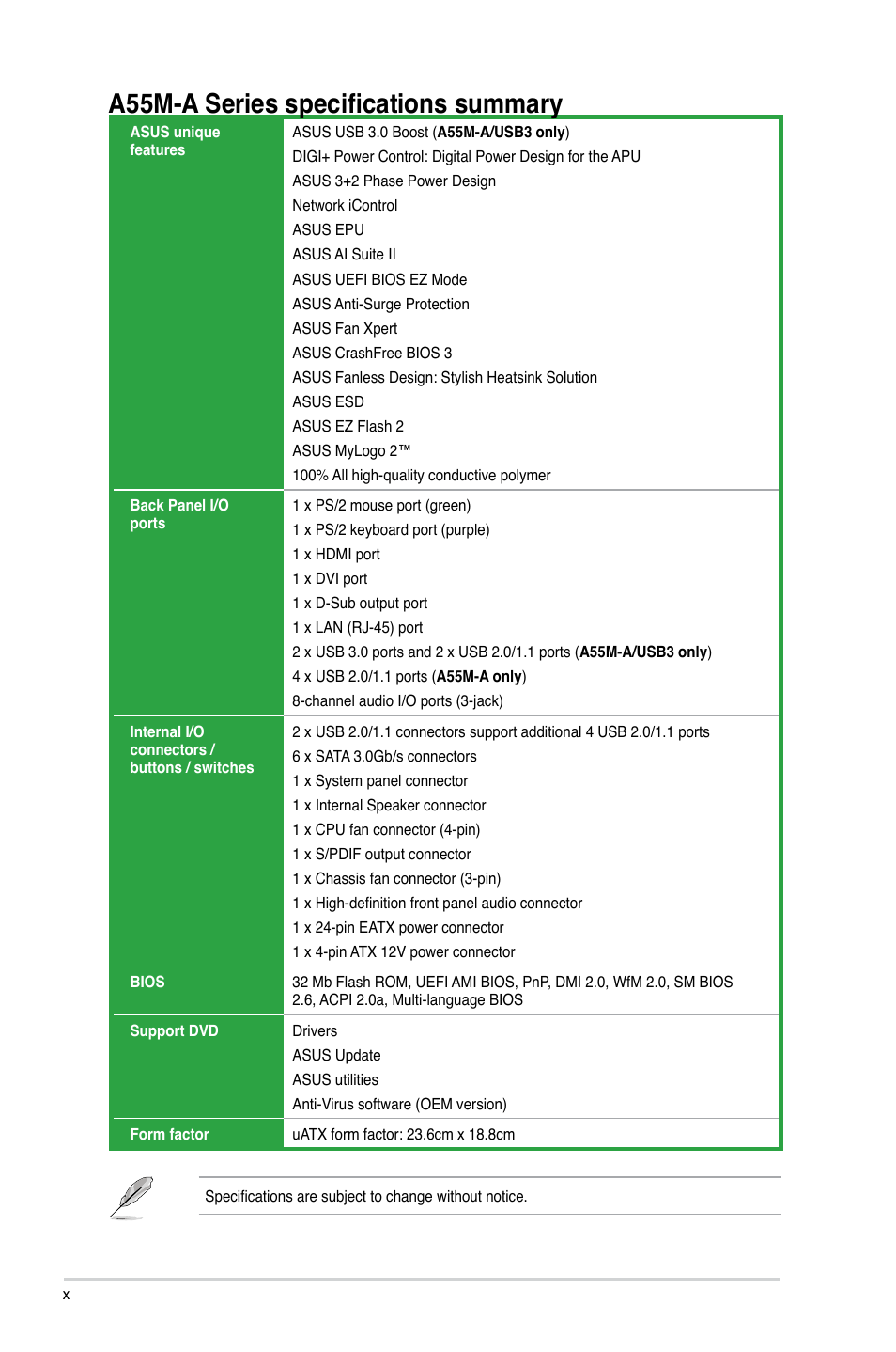 A55m-a series specifications summary | Asus A55M-A/USB3 User Manual | Page 10 / 78