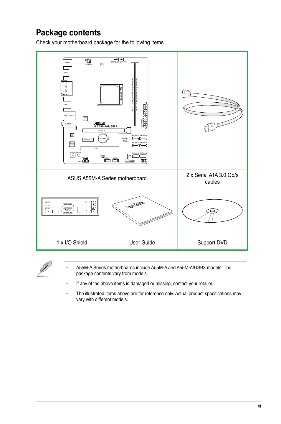 Package contents, User guide, 1 x i/o shield user guide support dvd | Asus A55M-A/USB3 User Manual | Page 11 / 78