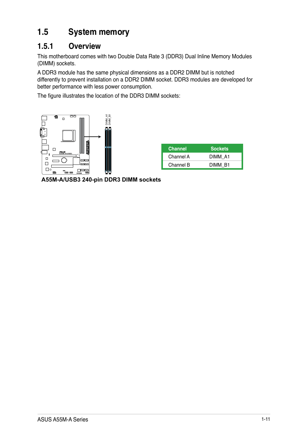 5 system memory, 1 overview, 5 system memory -11 | Overview -11 | Asus A55M-A/USB3 User Manual | Page 23 / 78