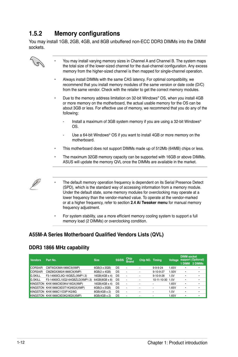 2 memory configurations, Memory configurations -12, Chapter 1: product introduction | Asus A55M-A/USB3 User Manual | Page 24 / 78