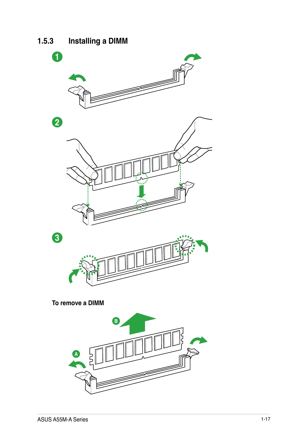 3 installing a dimm, Installing a dimm -17 | Asus A55M-A/USB3 User Manual | Page 29 / 78