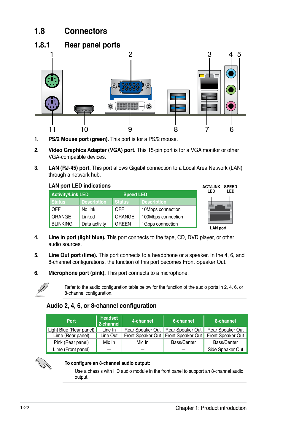 8 connectors, 1 rear panel ports, 8 connectors -22 | Rear panel ports -22 | Asus A55M-A/USB3 User Manual | Page 34 / 78