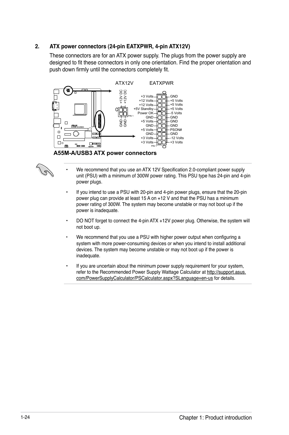 A55m-a/usb3 atx power connectors, Chapter 1: product introduction | Asus A55M-A/USB3 User Manual | Page 36 / 78