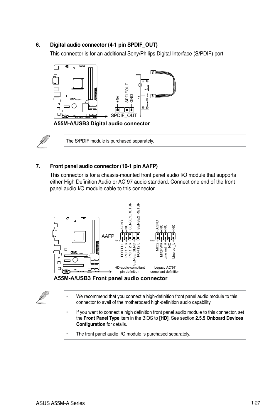Asus a55m-a series, A55m-a/usb3 digital audio connector, A55m-a/usb3 front panel audio connector | Asus A55M-A/USB3 User Manual | Page 39 / 78