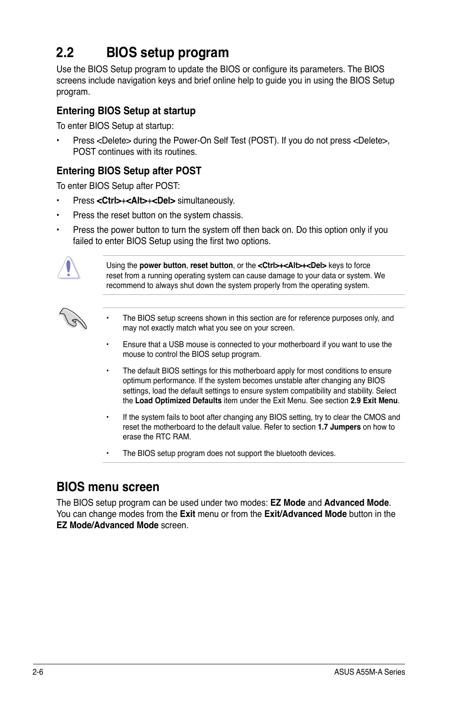 2 bios setup program, 2 bios setup program -6, Bios menu screen | Asus A55M-A/USB3 User Manual | Page 48 / 78