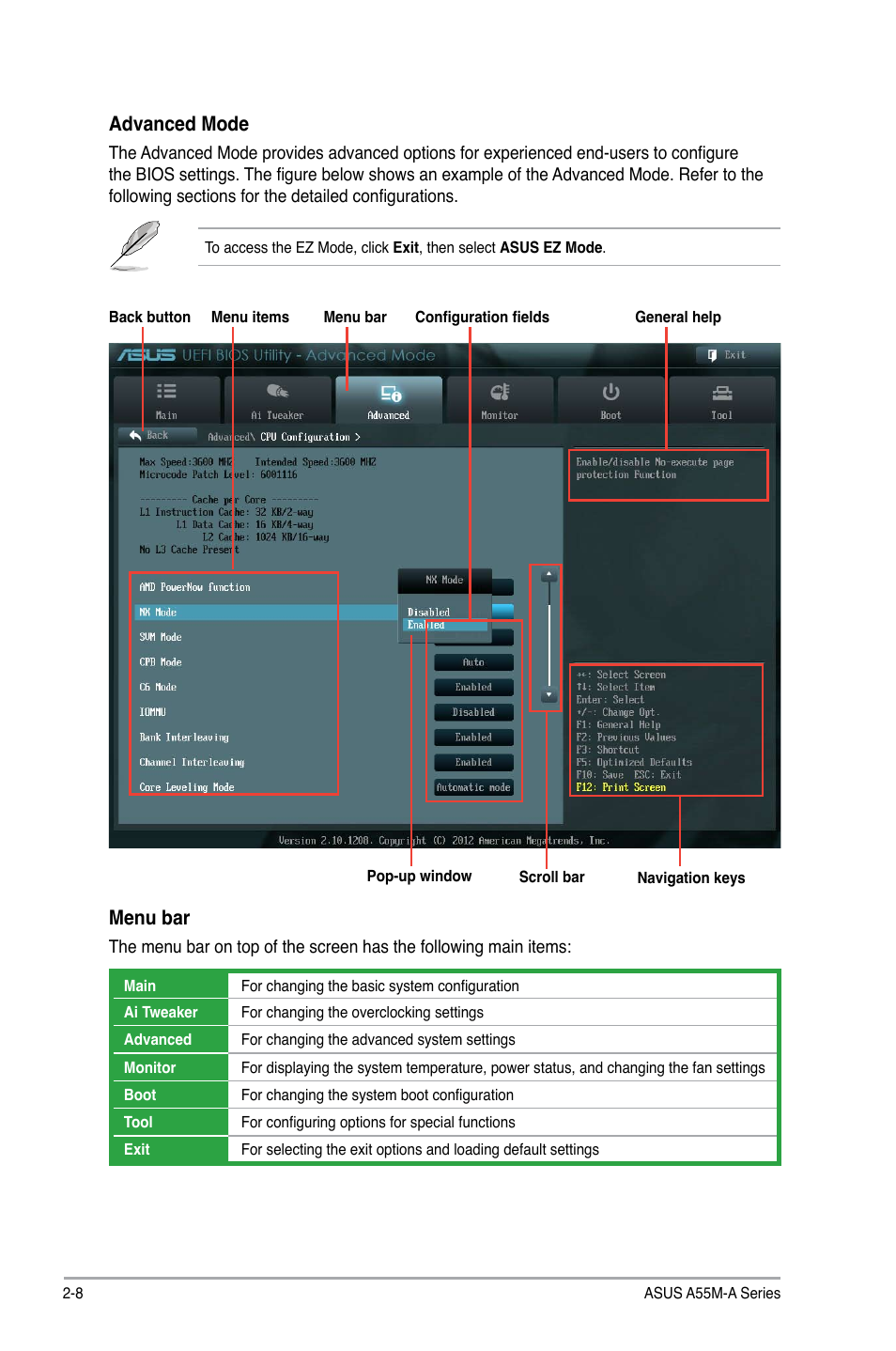 Advanced mode, Menu bar | Asus A55M-A/USB3 User Manual | Page 50 / 78