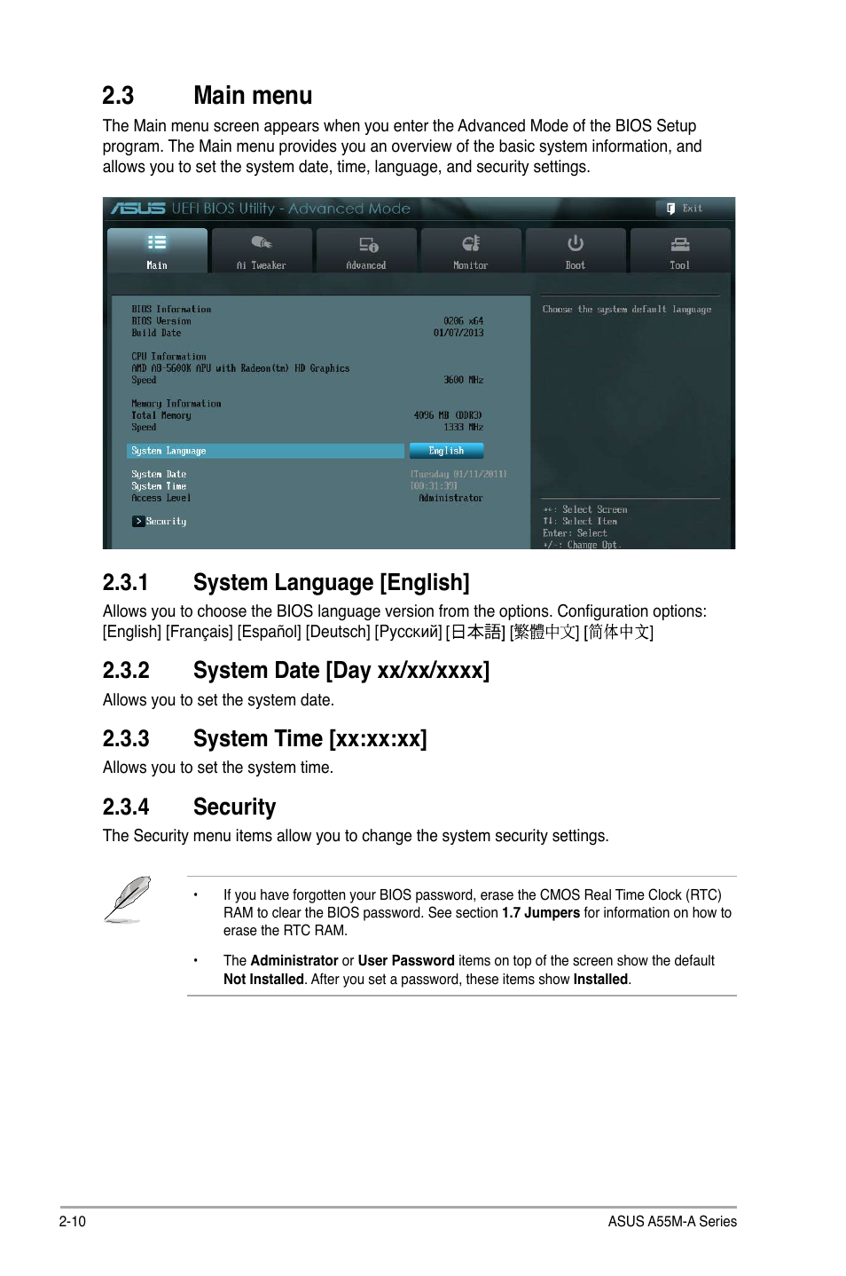 3 main menu, 1 system language [english, 2 system date [day xx/xx/xxxx | 3 system time [xx:xx:xx, 4 security, 3 main menu -10, System language [english] -10, System date [day xx/xx/xxxx] -10, System time [xx:xx:xx] -10, Security -10 | Asus A55M-A/USB3 User Manual | Page 52 / 78