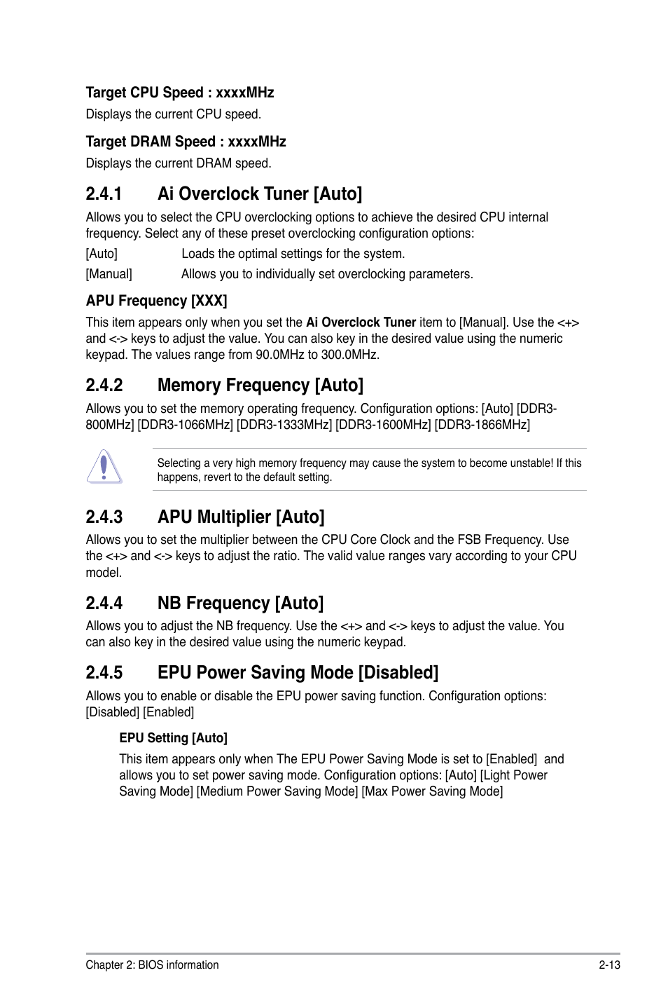 1 ai overclock tuner [auto, 2 memory frequency [auto, 3 apu multiplier [auto | 4 nb frequency [auto, 5 epu power saving mode [disabled, Ai overclock tuner [auto] -13, Memory frequency [auto] -13, Apu multiplier [auto] -13, Nb frequency [auto] -13, Epu power saving mode [disabled] -13 | Asus A55M-A/USB3 User Manual | Page 55 / 78
